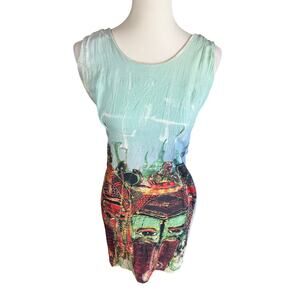 Jams World Dress Vintage Womens Medium Green Sleeveless Abstract Masks Hawaiian